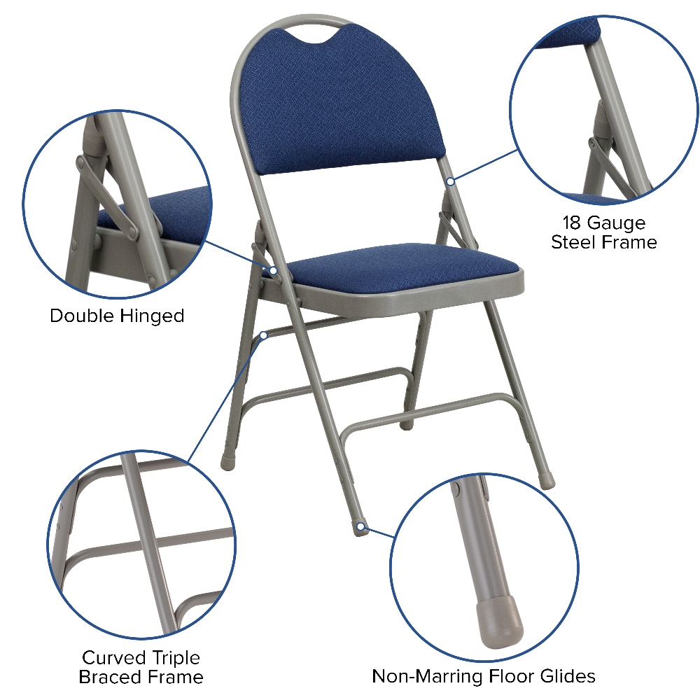 Flash furniture hercules series premium curved triple braced & double hinged navy fabric metal store folding chair