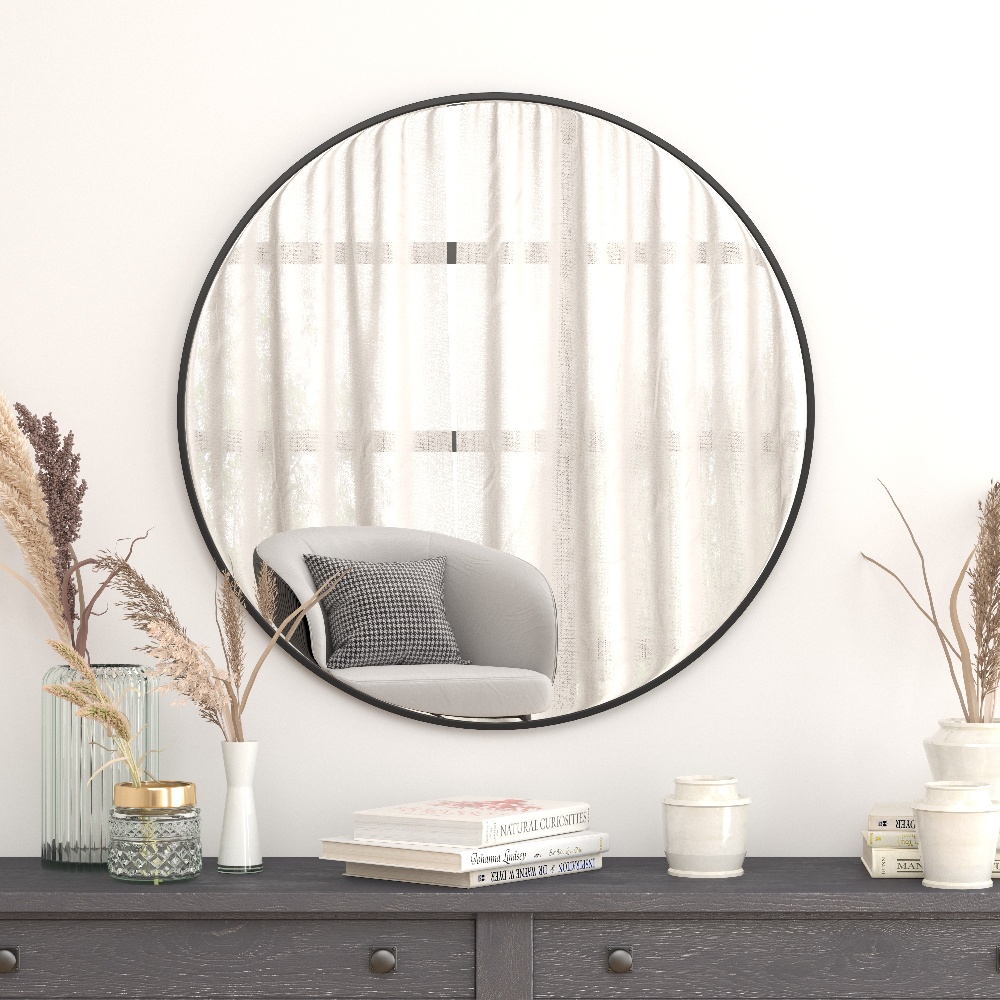 36" Round Black Metal Framed Wall Mirror - Large Accent Mirror For ...