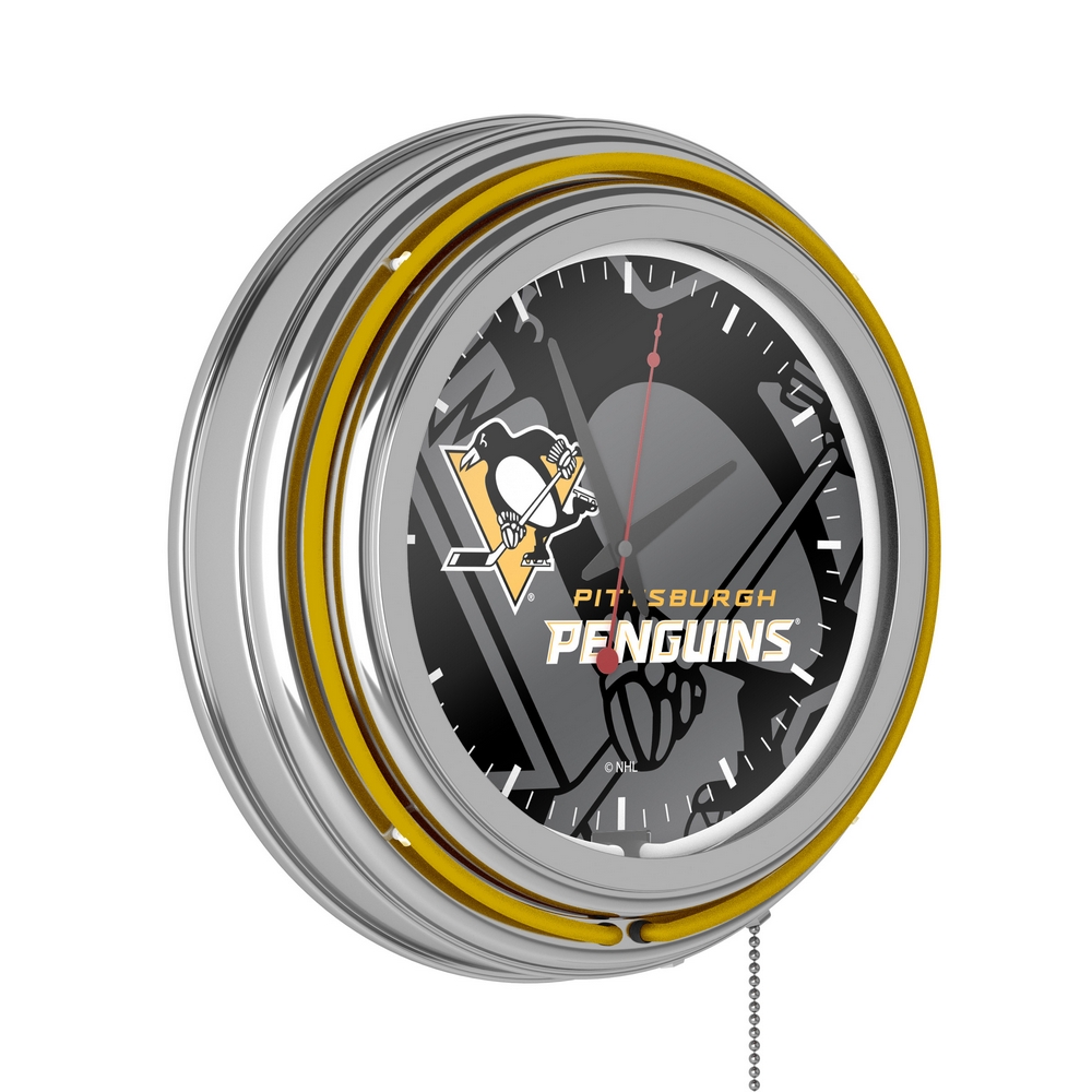 NHL Chrome Double Rung Neon Clock - Watermark - Pittsburgh Penguins